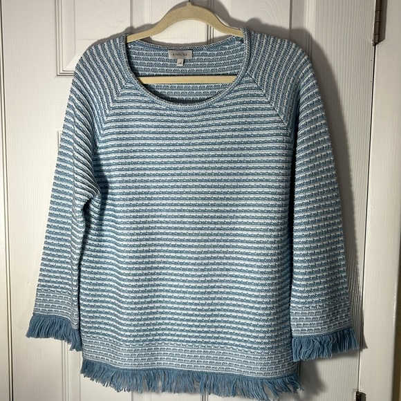 Kinross Sweaters - Kinross NWOT Iced aqua white sweater super soft 100% cotton fringe wrist hem LG
